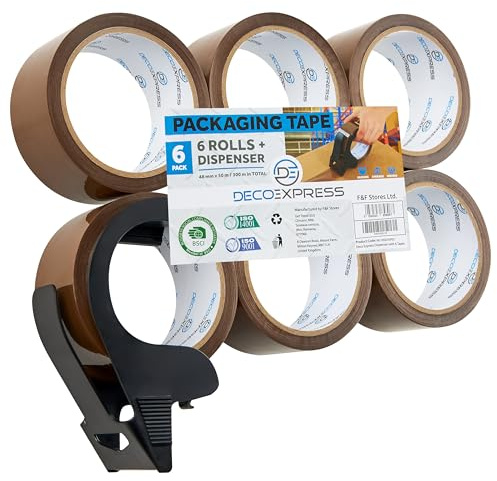 DECO EXPRESS Ruban Adhésif d'Emballage Kit Dévidoir Plastique et 6 Rouleaux Rubans Adhésifs Marron Transparent Fragile pour Cartons Déménagement et Colis (Dévidoir 6 rouleaux brun)