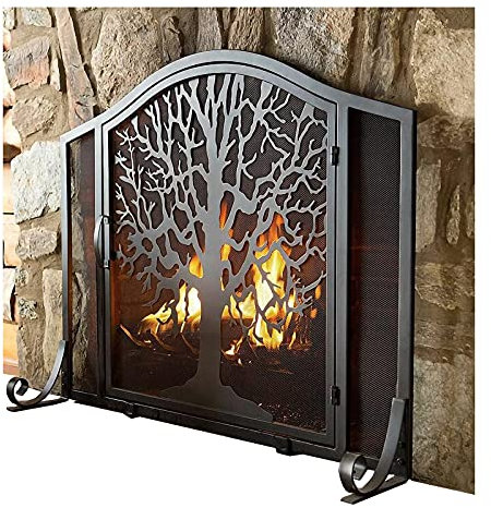 Fire Guard Öppen spisskärm， Solid smidesjärnsram med dörrar Metallnät， Fristående gnistskydd， Svart finish， 96×19×76 cm Babysäkert gnistskydd (svart 96x19x76cm) beautiful scenery