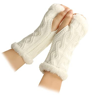 Feelorna Mitaines en tricot pour femme - En peluche - Pour l'hiver - Moufles - Poignets plus chauds - Avec trou pour le pouce, Blanc., taille unique