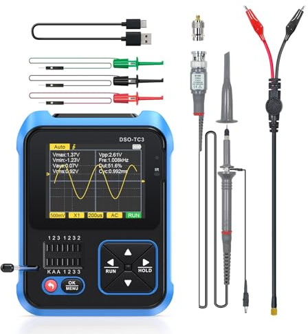 Jadeshay Oscilloscope Numérique, DSO-TC3 3 en 1 Oscilloscope Portable Générateur de Signal Multimetre Numerique Capacimetre Rechargeable par USB avec Écran Couleur HD 2,4