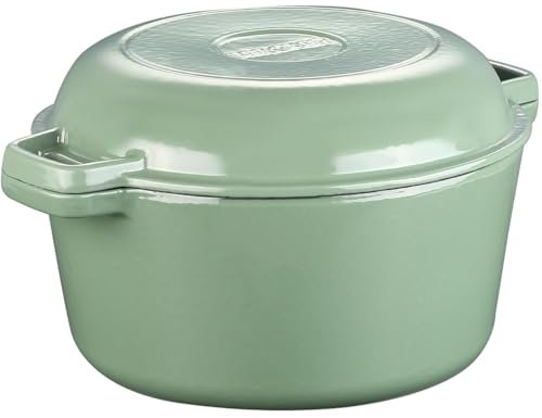 5.5 Quart Enameled Cast Iron Dutch Oven, 2-In-1 Enamel Dutch Oven Pot with Skillet Lid for Grill, Stovetop, Induction (Gray Green)