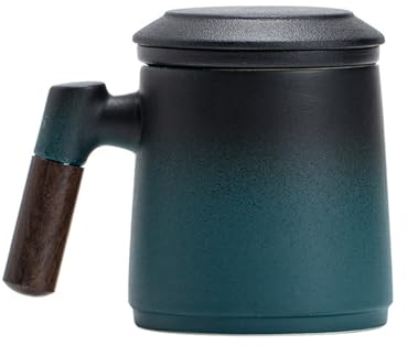 MBSM Taza infusora de té con tapa, mango de madera, taza de té de hojas sueltas, taza de té negro mate, taza de té asiático, regalos para hombres y mujeres (negro y verde)