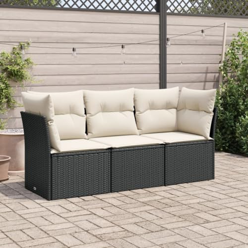 LAPOOH 3-TLG. Garten-Sofagarnitur mit Kissen Schwarz Poly Rattan, Lounge Gartenmöbel Set, Möbelsets, Balkon Möbel, Gartenlounge, Gartensofa - 3249045