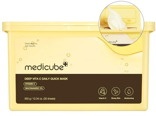 Medicube Deep Vita C Daily Quick 30 maschere - Certificato vegano, dispenser rapido, complesso vitaminico triplo per luminosità e idratazione, maschere coreane