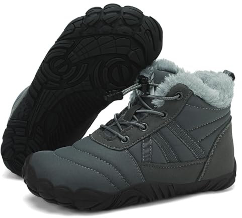 Mishansha Barfußschuhe Kinder Winter Barfussschuhe Winterschuhe Jungen Mädchen Winterstiefel Gefüttert Wasserdicht Barfuß Kinderschuhe Wanderschuhe Dunkelgrau, Gr.26 EU