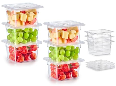Wilprep 6 Pack Plastic Food Pans with Lids NSF Listed, 1/6 Size 4 in Deep Clear Food Storage Containers, 1.8 qt Stackable Polycarbonate Commercial Hotel for Fruits Vegetables Beans Corns