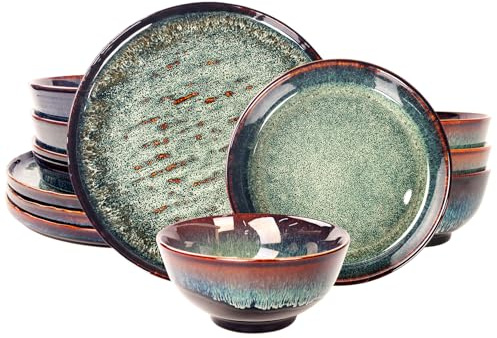 jinsongdafa This 12-piece round active glaze porcelain tableware set includes plates, bowls, and soup plates, serving up to 4 people. It is microwave and dishwasher safe. (Set (No.4))