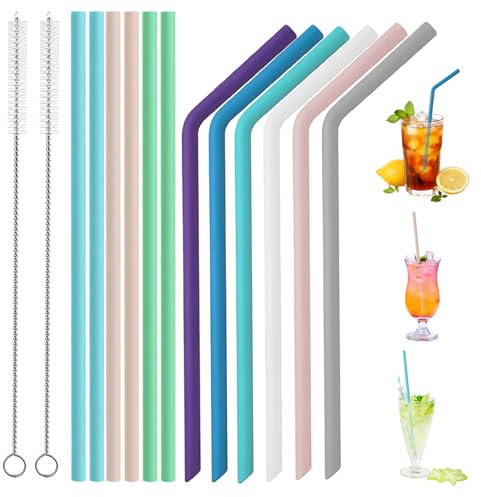 12PCS Silicone Straws Reusable, 6 Bend 6 Straight Colorful Straw, 30cm Long Flexible Silicone Straws, Adults Kids Soft Reusable Straw Set with 2 Cleaning Brush for Juice Milk Tea Milkshakes Drinks