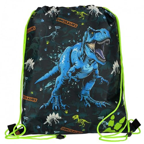 sarcia.eu Bolsa negra para zapatos de educación física, bandolera dinosaurio para niño 32x38 cm Bolsa de Gimnasia infantil Mochila con Cordón Bolsa de deporte niño niña (T-REX)
