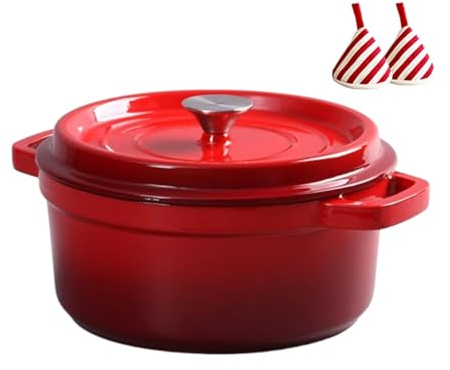 Gjutjärnsgryta, Dubbelörad Porslinsgryta Med Non-stick-beläggning, Med Funktionellt Lock Och Värmeisolerande Triangelklämma, Robust Kokkärl, För Bräsering, Grytor, Stekning(Rosso,26cm/10.24in)