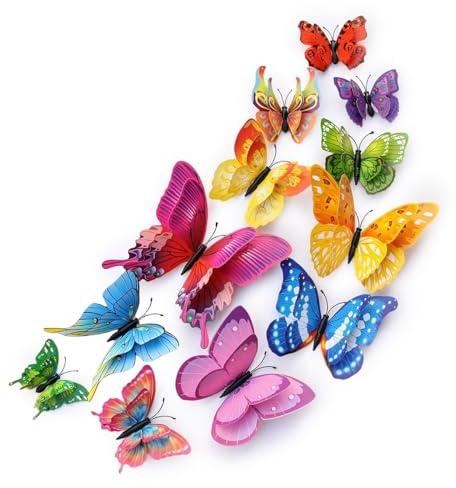 24pcs 3D Butterfly Wall Decor Colorful 2 Layer Decoration for DIY Home, Removable Butterfly Wall Stickers for Birthday Party Baby Shower Nursery Classroom Wedding Wall Mural Set, Tea Cake Decorating