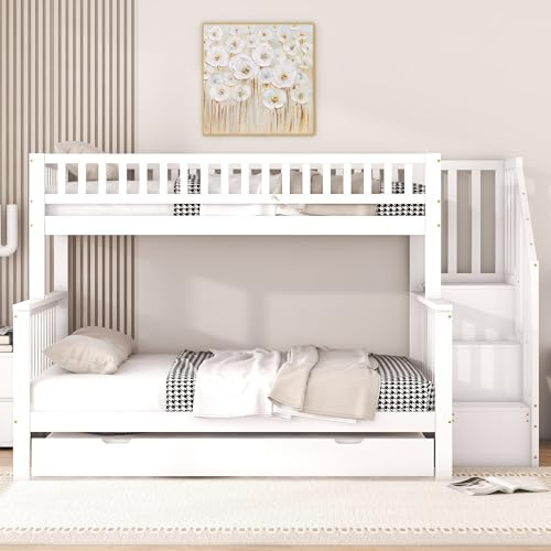 VIVCA Litera de 90 x 200 cm y 140 x 200 cm, cama con somier (sin colchón), cuna de pino, cama con cajón enrollable y escalera, color blanco