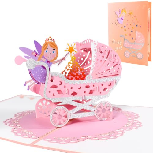 DORAFIORA® popup-kort baby – 3D gratulationskort för födelse/dop | älvabarnvagn | för pojkar och flickor | inkl. kuvert (babyrosa)