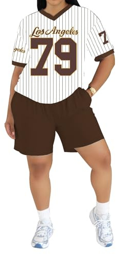 PINSV 2 Piece Sets for Women Summer Casual Outfits Jersey Shirts and High Waisted Short Sets Brown L