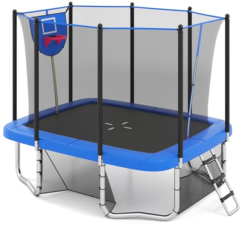 COSTWAY Trampoline Exterieur Enfant Adulte 317x255 cm, Panier de Basketball, But de Football, Échelle, Trampoline Rectangulaire, 68 Ressorts, 2 Portes Zippées, Boucles de Sécurité, pour 3 Ans+