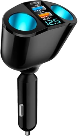 Distributore accendisigari per auto per veicoli da 12 V/24 V, adattatore per caricabatterie da auto con 2 prese accendisigari, 2 porte USB-A e 1 porta USB-C, girevole a 360°, indicatore di tensione a