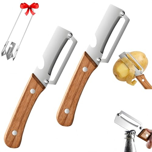 Pelapatate multifunzione da cucina, in acciaio inossidabile con apribottiglie e leva semi, impugnatura ergonomica per la preparazione di frutta e verdura: patate, kiwi, carote e mele (Legno 2Pezzo)