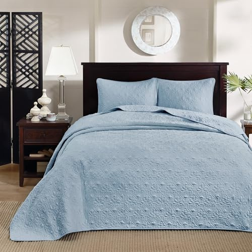 Madison Park Quebec Reversible Quilt Set Damask Design, Double Sided Stitching All Season, Lightweight Bedspread Bedding Set, Matching Sham, Blue, Queen(102x118) 3 Piece
