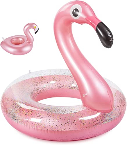 Olycism Aufblasbarer Flamingo Schwimmring mit Pailletten und Getränkehalter und Aufnäher Kit Flamingo Schwimmtier Schwimmreifen Wasser Strand Pool Party Spielzeug für Kinder und Erwachsene