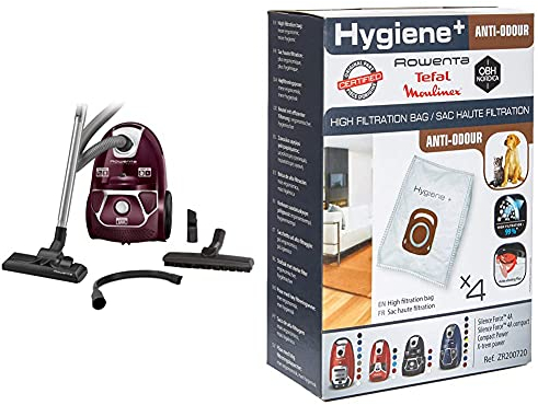 Rowenta RO3969 Compact Power Beutel-Staubsauger (Maximale Leistung: 750 Watt, 3 Liter) dunkelrot/Silber & ZR200720 Staubbeutel Hochfiltration Hygiene und Anti-Geruch + Tierpflege x 4, Weiß