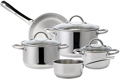 Echtwerk High Quality Stainless Steel Saucepan Set, 8 Piece Cookware, Pots with Glass Lids, 3 x Cooking Pots, Saucepan and Frying Pan, Suitable for All Hob Types, Silver Edition