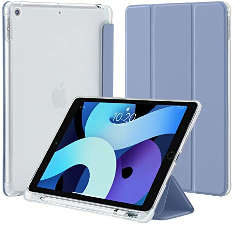 4UBonLife Case for iPad 10.2 inch 9th 8th 7th Generation Case 2021/2020/2019 with Pencil Holder, Slim Stand Smart Case Soft TPU Translucent Frosted Back Cover Shell for Apple iPad 9/8/7, Lavender Grey