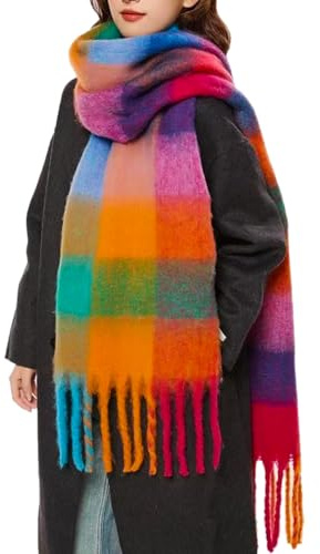 OUNIYA Grande écharpe à carreaux colorés surdimensionnés en laine de cachemire douce épaisse couverture chaude d'hiver pour femme, Arc-en-ciel, Large