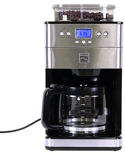 Kenmore Elite Grind and Brew Coffee Maker w/ Burr Grinder, 12 Cup Programmable Automatic Timer Brew Coffee Machine, Air-Tight Bean Hopper, Grind Size and Brew Strength Selectors, Stainless Steel