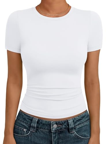 AUTOMET Women's Crew Neck Short Sleeve Summer Basic T-Shirt Stretchy Tight Fitted Soft Going Out Workout Gym Tops White M