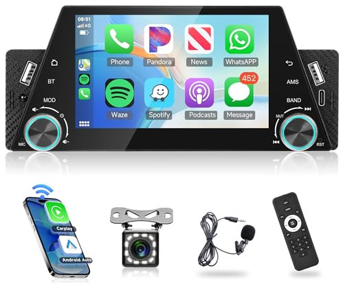 Wireless Carplay Autoradio 1 Din mit Android Auto Bluetooth Freisprecheinrichtung 5 Zoll Autoradio mit Android/IOS Mirror Link Bluetooth FM Radio USB/AUX/Type C/DVR mit Rückfahrkamera Fernbedienungen