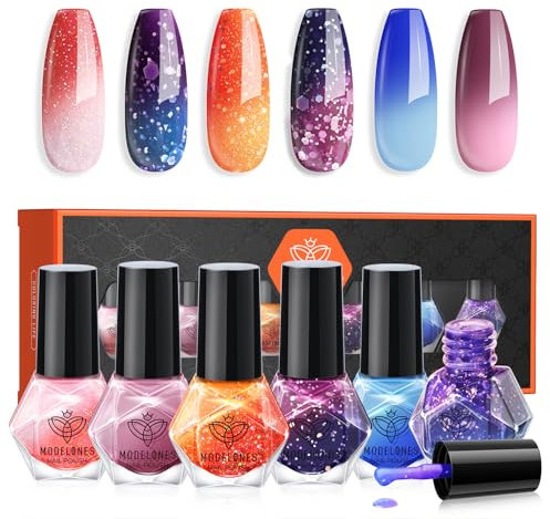 Modelones Color Changing Nail Polish Set - 6 Colors Red Orange Pink - Varnish for Manicure DIY Nail Art Salon Home For Women