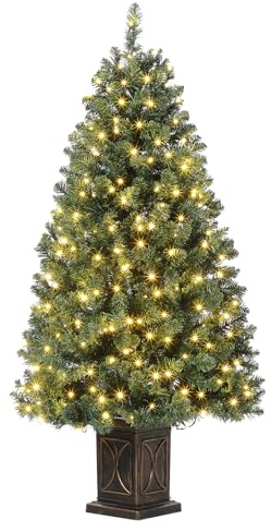 145 cm künstlicher Weihnachtsbaum mit 300 Beleuchtung, 8 Modus Warmweiß Vorbeleuchteter Metallgestell Weihnachtsbaum mit Vintage Blumentopf Weihnachten Deko für Familientreffen, Büro und Flure