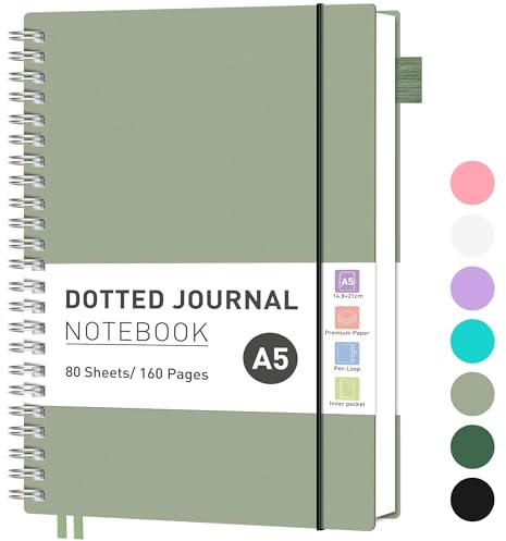 RETTACY Cuaderno A5 Punteado, Bullet Dot Journal, Libreta Ligera, 80 Hojas / 160 Páginas Para Escribir, 100gsm, PVC, para Mujeres Hombres Trabajo Oficina, 14.8 x 21cm - Verde
