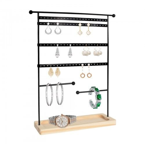 Shengxi Soporte para Joyas, Expositor de Joyas con Base de Madera, Soporte para joyas y pendientes con 80 Orificios, Soporte Organizador para Pendientes para Colgar, Pendientes, Collares, Tachas