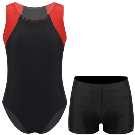 iiniim Kinder Ballettanzug Jungen Turnanzug Gymnastikanzug Turn-Leotards Ballett Trikot Ärmellos Tanzbody mit Shorts Gr.110-116 Rot Schwarz 134-140