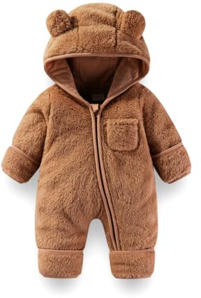 Fairy Baby Baby Snowsuit, Newborn Baby Bear Hooded Footed Romper Fleece Snowsuit Cartoon Flannel Zipper Jumpsuit Fall Winter Outfits Brown 66CM