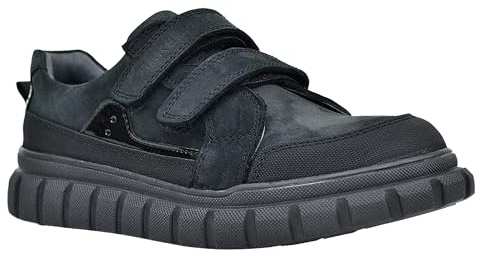 SIRRI Boys 2 Touch and Close Straps Mat Black Leather School Shoes, Formal Smart Back to School Trainers Size UK Child 9 - EU 27