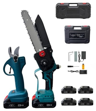 A.M.C. Set da potatura a batteria, forbici potatura a batteria 42V e motosega da 8 pollici, il kit comprende 4 batterie da 42V e 2 valigetta per il Trasporto