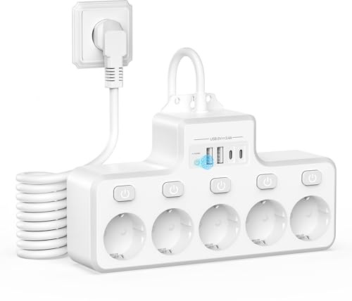 COLSTAR Steckdosenleiste mit Überspannungsschutz, 5-Fach & einzeln schaltbar, mit 2 USB-A und 2 USB-C – für Wandmontage in Küche, Büro, Wohnzimmer, 1,8 m Kabel, 4000 W / 16 A
