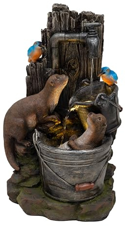 Elektrisk TRÄDGÅRDSFONTÄN Otter Oasis | Polyresin | Uttrar & fåglar | LED-belysning | Tyst pump | 62x30x38,5 cm | 7 m kabel | Naturinspirerad dekor | Inkl. rengöringsborste