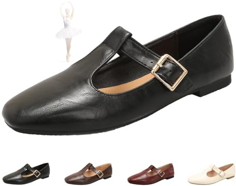 Mary Jane Ballerines classiques confortables en polyuréthane à bout pointu avec bride en T pour femme, Noir , 0 UK