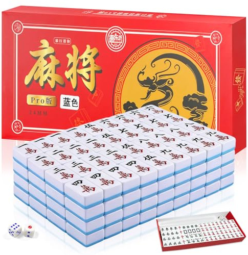 Klerbesh Mini Set Mahjong 24mm, Gioco da tavolo portatile tradizionale con 144 tessere, 4 supporti e 2 dadi, Gioco di viaggio compatto e di strategia per adulti (Blu)
