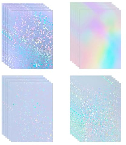 flintronic 32 Sheets Holographic Vinyl, 11.7x8.3 Transparent Holographic Paper, Self-Adhesive Clear Overlay Film for DIY Crafts