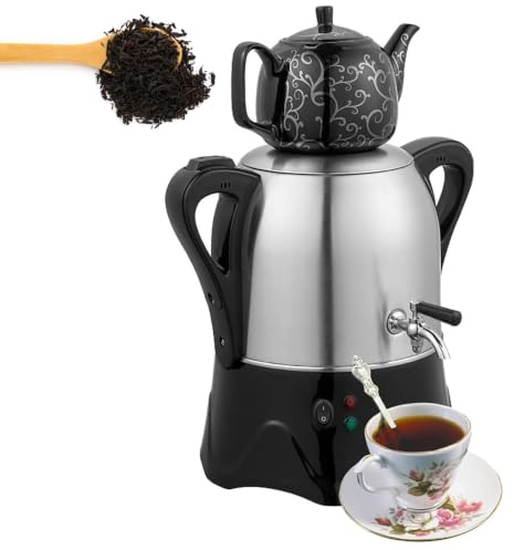 Turkisk Tekokare 2000W, Elektrisk Samovar med 3L Kastrull i Rostfritt Stål & 1L Tekanna i Keramik, Värmehållningsfunktion för Kaffe, Doftande Te & Turkiskt Te, Hem & Present black