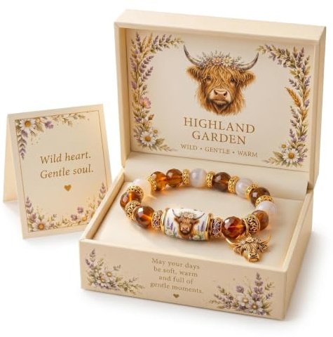Mtbricey Highland Cow Beaded Bracelet for Women Cow Charm Bracelet Animal Jewellery Gift Box Included Stretch Beaded Bracelet Gift for Her Birthday