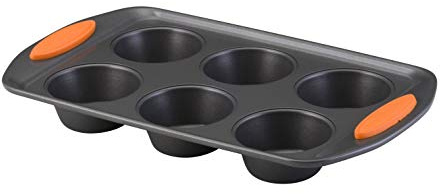 Rachael Ray Yum-o! Nonstick Bakeware Oven Lovin’ Cups Muffin Pan, 6-Cup, Gray with Orange Handles