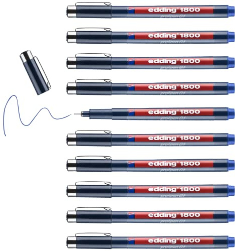 edding 1800 profipen - blue - 10 pens - line width 0.25 mm - fineliner pen for precise writing, sketching and technical drawing - fine, metal-encased nib - suitable for use with rulers and stencils