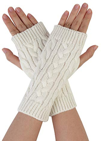 Allegra K Women's Ribbed Wrist Arm Warmers Stretchy Cable Knitted Fingerless Gloves One Size White