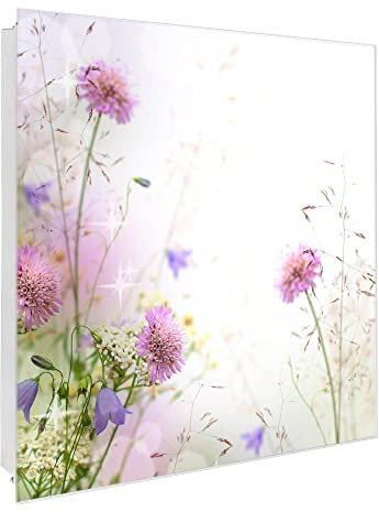banjado® Großer Schlüsselkasten Glas/Schlüsselbox 30cm x 30cm mit 50 Haken - Motiv Glitzernde Wiese/Schlüsselkasten modern für Schlüsselaufbewahrung mit beschreibbarer, magnetischer Glastür