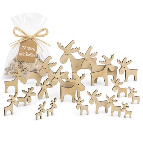 MIJOMA Juego de 22 figuras decorativas de renos de madera para colocar de pie, colgar y decorar para mesa, ventana y árbol de Navidad